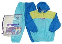 Nové - Tyrkysovo-modro-limetková šusťáková větrovka s kapucí + kalhoty 