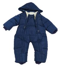 Tmavomodrá šusťáková prošívaná zimní kombinéza s kapucí 