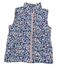 Tmavomodrá šusťáková prošívaná zateplená vesta s kytičkami Dopodopo