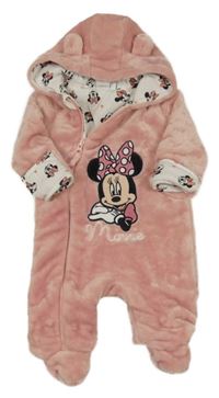 Světlerůžová plyšová zateplená kombinéza s Minnie a kapucí Disney 