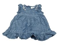 Modré plátěné šaty s kytičkami a volánky Topomini