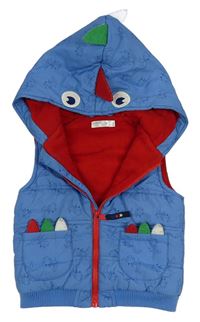 Modrá prošívaná šusťáková zateplená vesta s dinosaury a kapucí s ostny M&Co