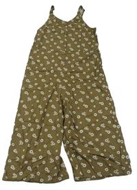 Khaki květovaný lněný kalhotový culottes overal zn. Nutmeg