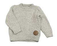 Smetanovo-tmavomodrý melírovaný žebrovaný svetr s nášivkou s dinosaurem F&F