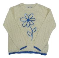 Smetanovo-modrý ažurový svetr s kytičkou PRIMARK