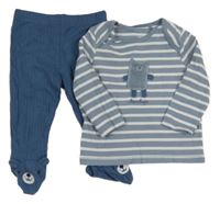 2Set - Tmavomodré žebrované sametové polodupky s medvídky + modro/bílé pruhované triko s 3D medvídkem 