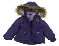 Lilková prošívaná šusťáková zimní bunda s nápisy a kapucí s kožešinou lupilu