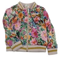 Smetanovo-světlerůžový saténový jarní bomber s kytičkami a lístečky a motýlky H&M