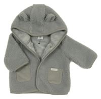 Šedá huňatá zateplená bunda s medvídkem a kapucí s oušky Next