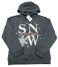 Nové - tmavošedá mikina s nápisy a vločkami a kapucí PRIMARK