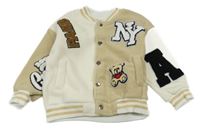 Smetanovo-béžový fleecový baseballový bomber s medvídkem a písmenky a nápisy a pruhy