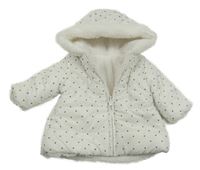 Bílá puntíkatá prošívaná šusťáková zimní oboustranná bunda s kapucí s kožešinou Chicco