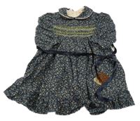 Tmavomodré šaty s kytičkami a větvičkami a ježečkem a límečkem