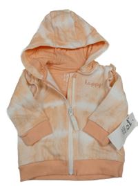 Nové - světleoranžovo-bílá batikovaná propínací mikina s nápisem a volánky a kapucí F&F