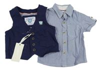 Nové - 2Set - Tmavomodro/modrá lněná slavnostní vesta s číslem + tmavomodro/bílá pruhovaná košile Mothercare