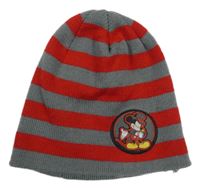 Šedo-červená pruhovaná pletená čepice s Mickey Disney