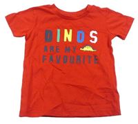 Červené tričko s nápisy a dinosaurem St. Bernard