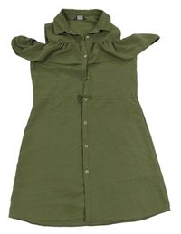 Khaki košilové šaty s volnými rameny a stahováním v pase Primark 