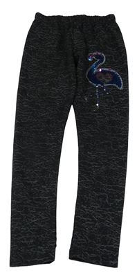 Černé vzorované legíny s plameňákem z překlápěcích flitrů