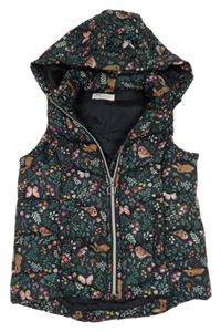 Černá květovaná šusťáková zateplená vesta s králíky a kapucí H&M