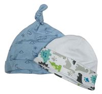2x bavlněná čepice s dinosaury - světlemodrá + bílá