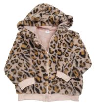 Růžovo-béžová leopardí kožešinová podšitá bunda s kapucí 