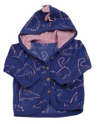 Tmavomodro-růžová fleecová propínací mikina s dinosaury a kapucí zn. George