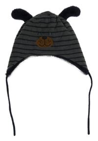 Tmavošedo-tmavomodrá pruhovaná fleecová zateplená čepice s čumákem 