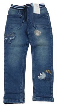 Nové - tmavomodré teplákové slim rifle s dinosaury a úpletovým pasem Nutmeg