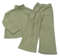 2 set - khaki úpletový rolák + široké úpletové tepláky Shein