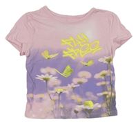 Růžovo-lila crop tričko s motýly a květy zn. H&M