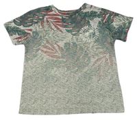 Khaki-bílé melírované triko s listy a nápisem Primark