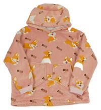 Růžová teplá plyšová domácí mikina s kapucí a pejsky