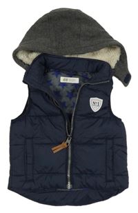 Tmavomodro-šedá šusťáková zateplená vesta s teplákovou kapucí H&M