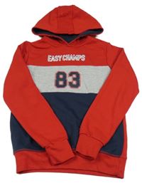 Červeno-tmavomodro-šedá mikina s číslem a kapucí Y.F.K.