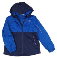 Tmavomodro-modrá šusťáková jarní funkční bunda s potiskem a kapucí Crane