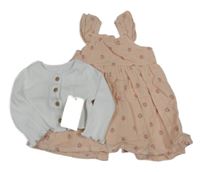 2set - Světlerůžové květované mušelínové šaty + Bílé žebrované bolerko Peacocks