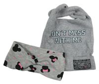 2set - šedá čepice s nápisem + šedá čelenka s Minnie 