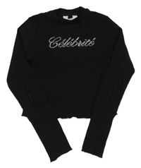 Černé žebrované crop triko s nápisem z kamínků H&M