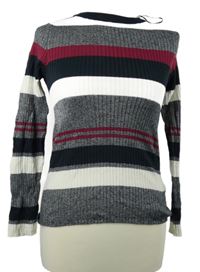 Dámský tmavomodro-bílo-vínový pruhovaný žebrovaný lehký svetr H&M