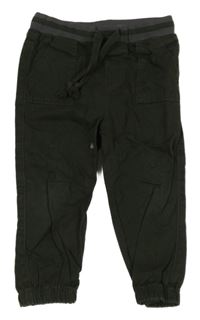 Khaki plátěné cuff kalhoty s úpletovým pasem 