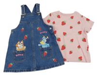 2 set - modré riflové laclové šaty s Bluey + růžové tričko sd jahodami 