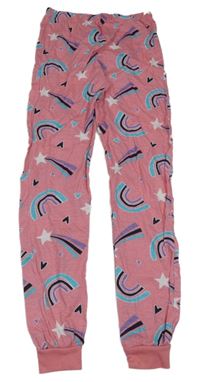Růžové melírované pyžamové kalhoty s duhami a kometami 