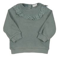 Zelenošedá žebrovaná mikina s madeirovým volánkem F&F