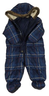 Tmavomodro-béžovo-hnědá kostkovaná šusťáková zimní kombinéza s kapucí Nutmeg