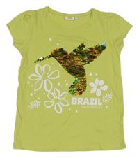 Světlezelené tričko s ptáčkem z flitrů a nařasenými rukávy Kids 