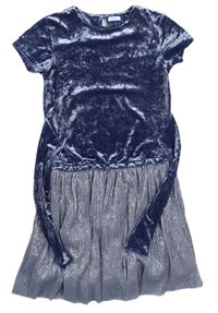 Modrošedo-stříbrno/šedé sametovo/plisované šaty se zavazováním zn. Next