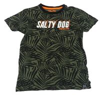 Khaki-černé tričko s listy a nápisy 
