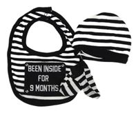 3Set - Černo-bílá pruhovaná čepice + rukavice + bryndák s nápisy little but LOUD