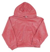 Růžová plyšová crop mikina s květem a kapsou a kapucí s oušky my wear